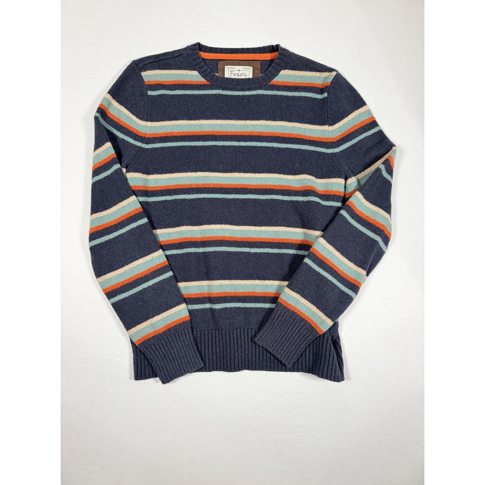 Fossil Sweater Mens Large Blue Striped Lambswool Cotton Crew Neck Pullover